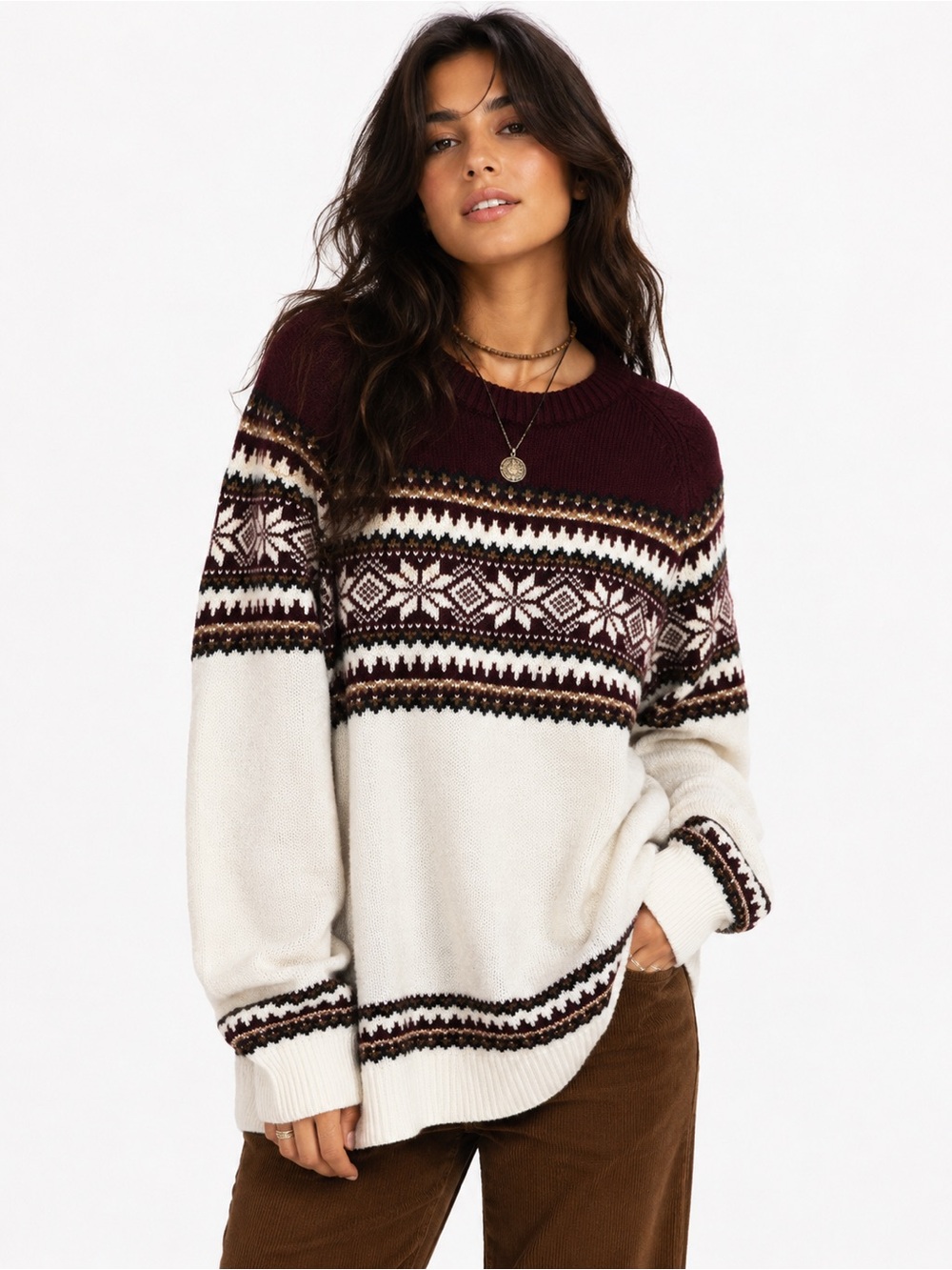 Vintage Fair Isle Grandpa Sweater Burgundy Cream Nordic Snowflake Knit Oversized